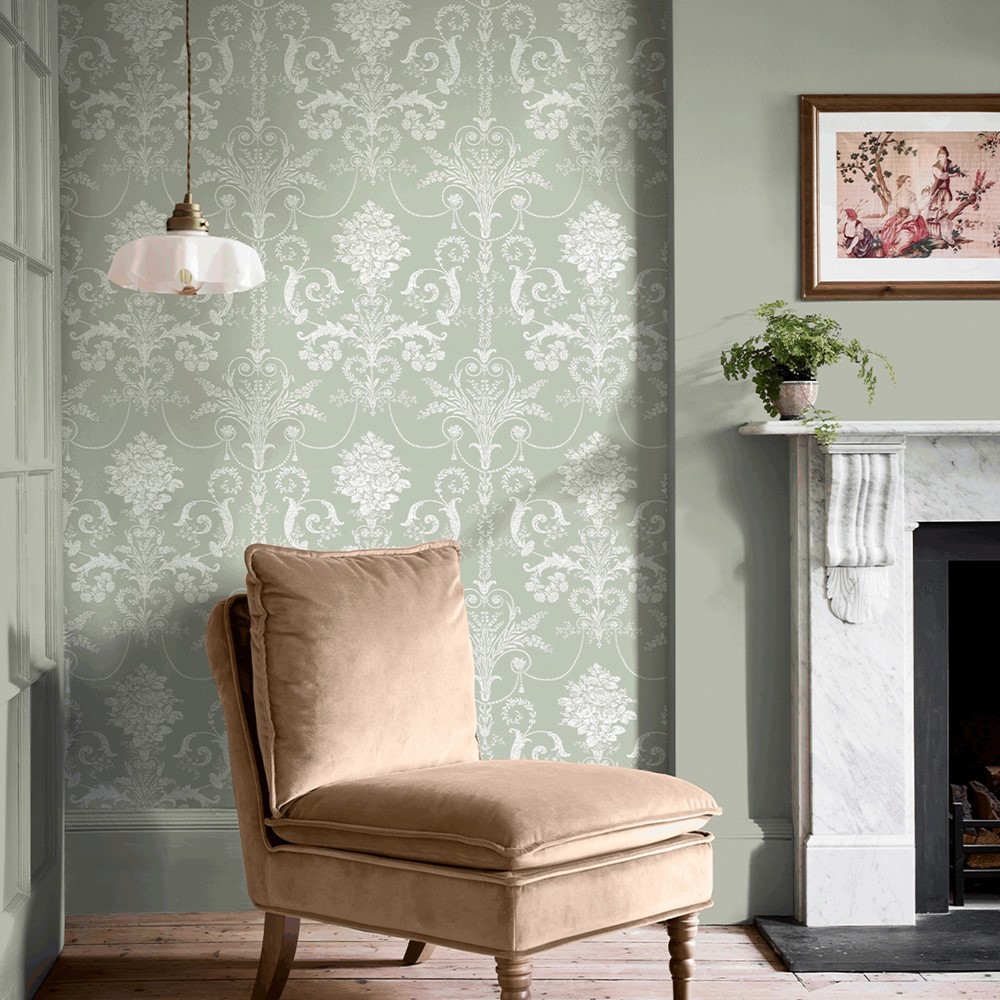 Josette Damask Wallpaper 130114 by Laura Ashley in Sage Green